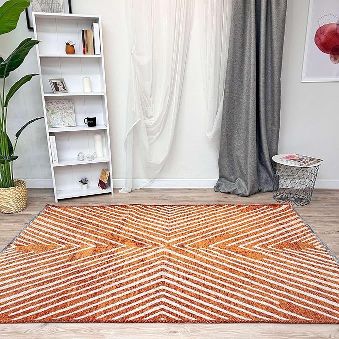 Alfa Rich 5x8 Geometric Burnt Orange Off White Washable Area Rugs for Living Room Bedroom Cotton Rug