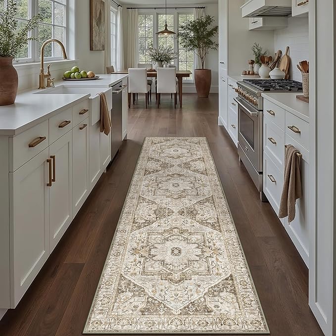 Brown Hallway Runner Rug 2x8 Vintage Washable Distressed Area Carpet Kitchen Indoor Non Slip Long Traditional Medallion Retro Accent Throw Rug for Bedroom Laundry Office Dining Living Room
