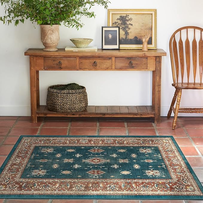 RUGGABLE Washable Vintage Area Rug – Verena Teal Blue 3x5, Stain-Resistant, Non-Slip – Small Machine Washable Rugs for Living Room, Bedroom, Hallway, Entryway & Office–with Cushioned Pad