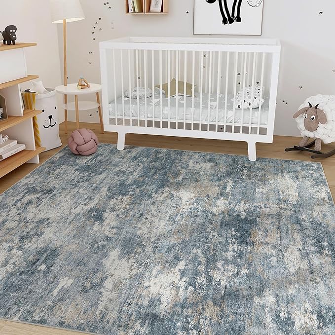 Nakagishi 6x9 Area Rugs Living Room: Washable Abstract Large Neutral Soft Rug Stain Resistant Modern Indoor Floor Non-Slip Carpet for Bedroom Nursery Kids Playroom Office Dining Room Dorm-Blue Brown