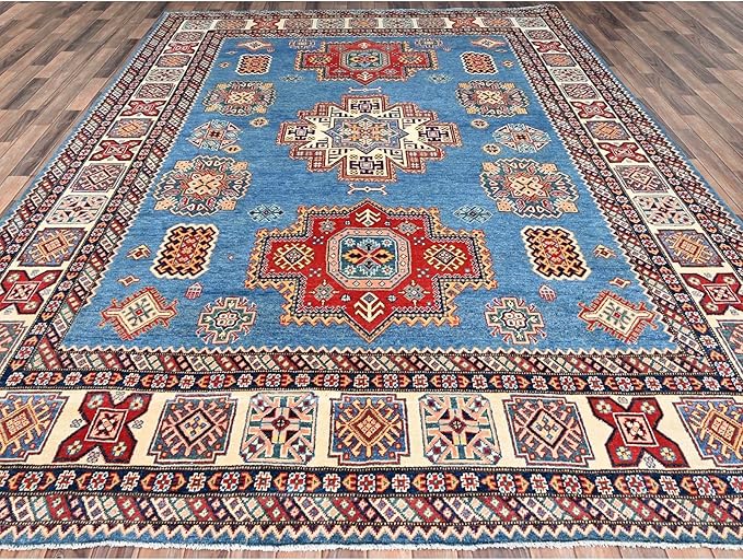 Cerulean Blue Special Kazak with All Over Pattern Natural Dyes Pure Wool Hand Knotted Oriental Densely Woven Rug(9'x11'8")
