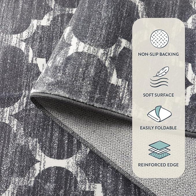 Lahome Moroccan Washable Area Rugs for Living Room - 4x6 Rug Non-Slip Lightweight Soft Bedroom Carpet Throw Low-Pile ‎Stain Resistant Entryway Rug, Grey Print Modern Rug for Office Kitchen Dining Room