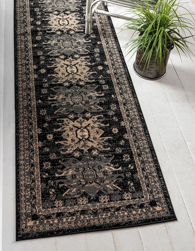 Unique Loom Taftan Collection Border Geometric Tribal Inspired Design Area Rug (2' 2 x 8' 2 Runner, Black/ Gray)