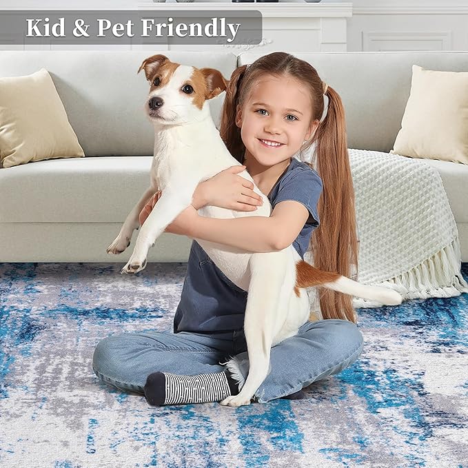 Ciicool 2x6 Washable Runner Rug, Modern Abstract Hallway Rugs Runner, Non-Slip Thin Accent Rug Lightweight Grey Blue White Print Distressed Carpet for Laundry Entryway Bedroom Kitchen Indoor