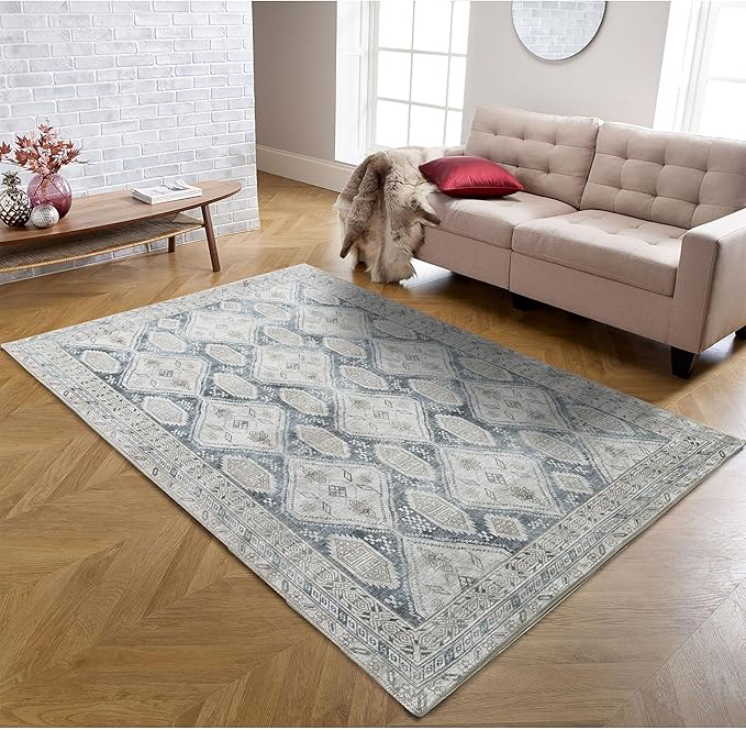 Fame Living Faded Oushak Rug, Turkish Vintage Floral Pastel Large Oversized Area Rugs for Living Room Dining Bedroom Kitchen Bathroom Nursery (848CrNv, 7'5" x 9'8")