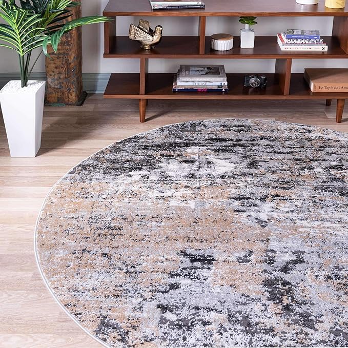Rugs.com Leipzig Collection Round Rug – 3 Ft Round Beige Low-Pile Rug Perfect for Kitchens, Dining Rooms