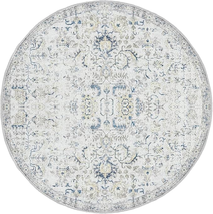 jinchan Kalen Round Rug 4ft Area Rug Entryway Washable Vintage Indoor Retro Floor Cover Distressed Floral 4' Round Circle Boho Non Slip Thin Carpet for Kitchen Bedroom Living Room Dining Room Blue