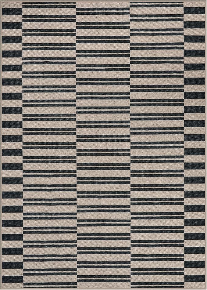 Lahome Striped Easy Jute Rug, 5x7 Outdoor Patio Rug Neutral Dining Room Rug Indoor Outdoor Carpet, Farmhouse Washable Non Slip Black Carpet for Backyard Living Room Office Deck