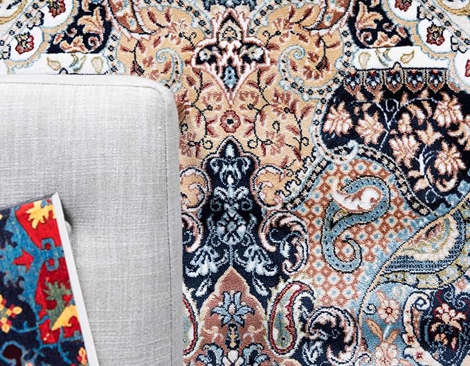 Unique Loom Narenj Collection Classic Traditional Medallion Textured Design Area Rug, 8 x 10 ft, Navy Blue/Tan