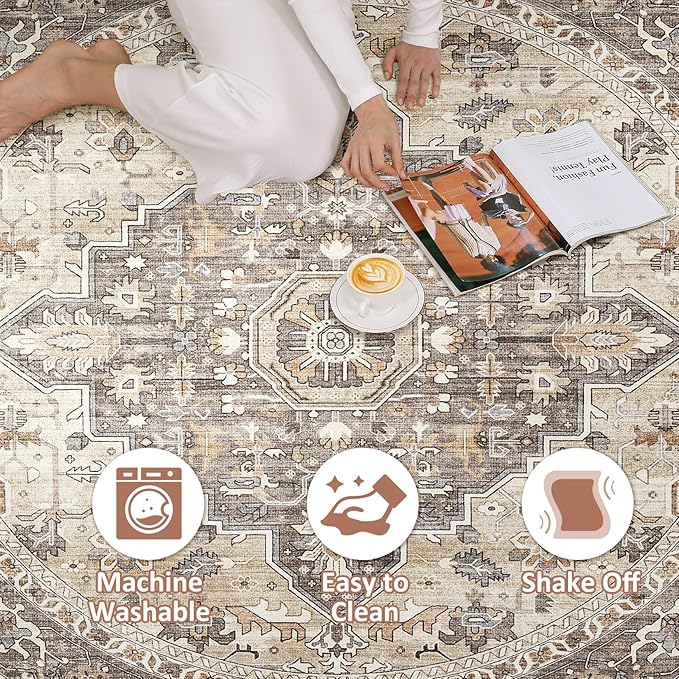 Round Rug Living Room Rugs: 4x4 Washable Boho Neutral Circle Soft Non-Slip Indoor Vintage Stain Resistant Floor Farmhouse Carpet for Bedroom Nursery Kids Playroom Entryway Dorm Home- Beige Brown