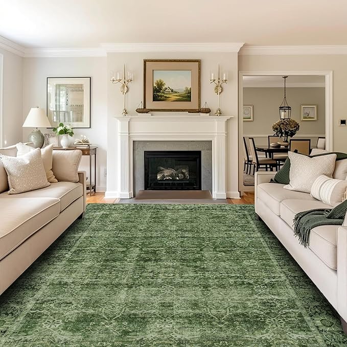 9x12 Washable Area Rug Green Vintage Rug for Living Room Bedroom Low Pile Soft Non-Slip Boho Rug for Under Table Boho Distressed Retro Carpet for Bedroom Kitchen Office Dining