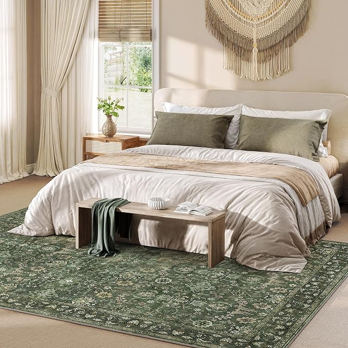 9x12 Area Rug for Living Room, Soft Large Rugs Green Washable Carpet, Indoor Vintage Rugs for Bedroom Dining Room Office, Rubber Backed Non Slip Low Pile Mat, Dark Olive Green