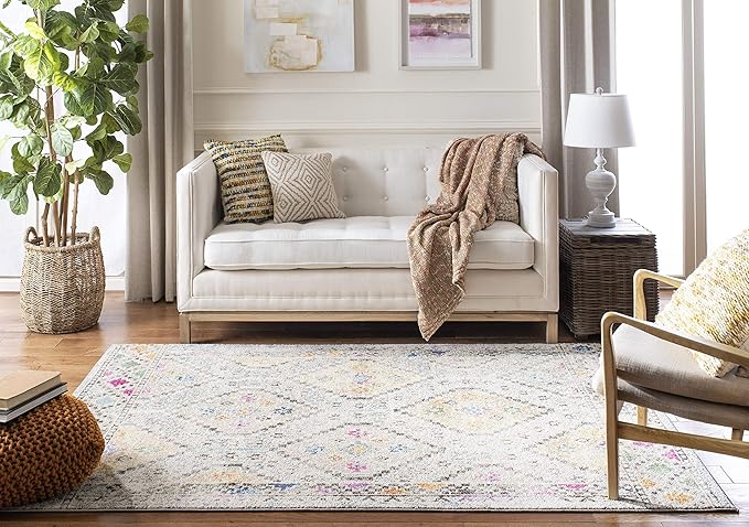 SAFAVIEH Madison Collection Accent Rug - 4' x 6', Grey & Yellow, Boho Diamond Distressed Design, Non-Shedding & Easy Care, Ideal for High Traffic Areas in Entryway, Living Room, Bedroom (MAD418F)