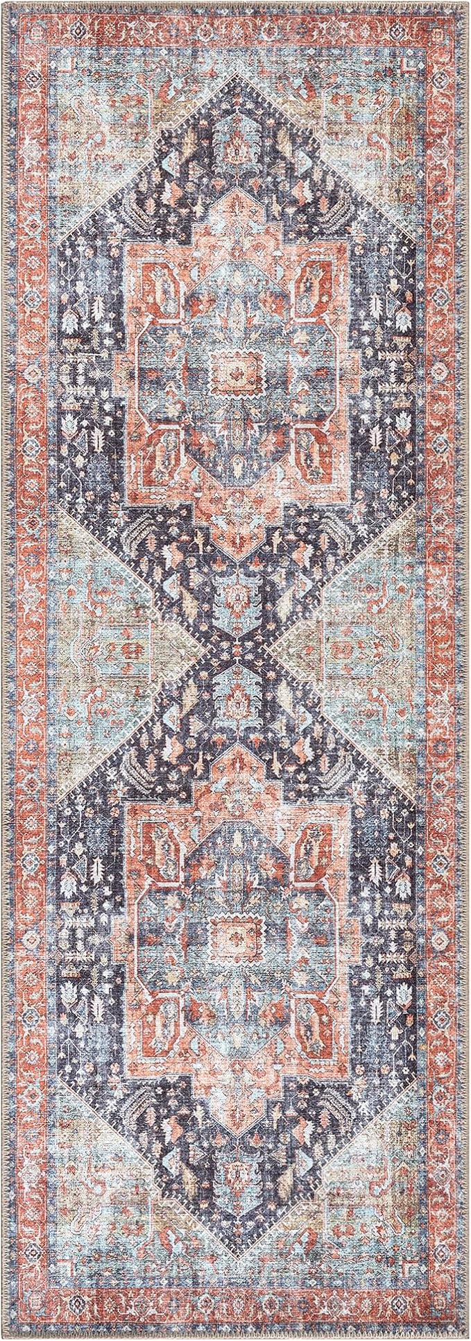 Bloom Rugs Washable Non-Slip 7 ft Runner - Terracotta/Blue Traditional Medallion Runner for Entryway, Hallway, Bathroom, and Kitchen - Exact Size: 2.5' x 7'