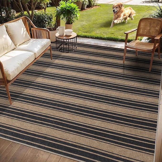 Striped Easy Jute Rug 5x7 Outdoor Patio Rug Washable Area Rugs for Living Room Bedroom Non Slip Neutral Farmhouse Indoor Outdoor Carpet for Backyard Patio Office
