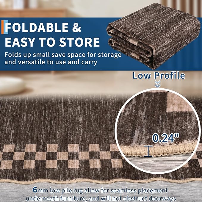 GarveeHome 10x13 Area Rug Large Living Room Scalloped Rug Non Slip Low Pile Bedroom Throw Carpet Soft Modern Bordered Dining Room Rug Stain Resistant Boho Carpet for Home Office, Brown