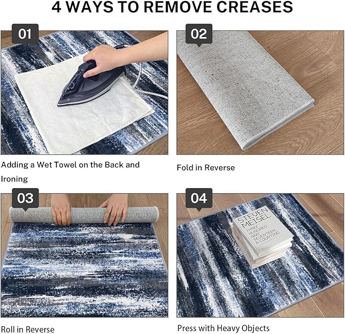Modern Abstract Hallway Runner Rug, Navy Blue Washable Kitchen Runner Non-Slip Soft 2x8 Runner Rug Thin Print Faux Wool Carpet for Entryway Bedroom Laundry Room Indoor