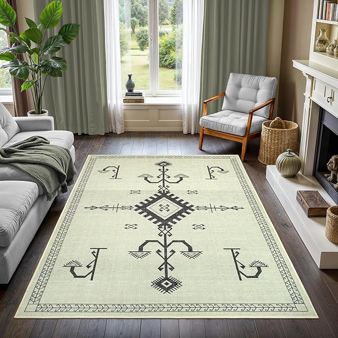GLN Rugs Contemporary Collection - Machine Washable Area Rug, Contemporary Washable, Non Slip, Low Pile Chenille Rug, Living Room, Bedroom, Kitchen Rug (8' x 10' Cream/Anthracite)