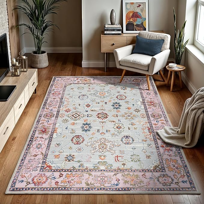 GLN Rugs Traditional Collection - Machine Washable Area Rug, Traditional Washable, Non Slip, Low Pile Chenille Rug, Living Room, Bedroom, Kitchen Rug (9' x 12' Pink/Blue/Multicolor)