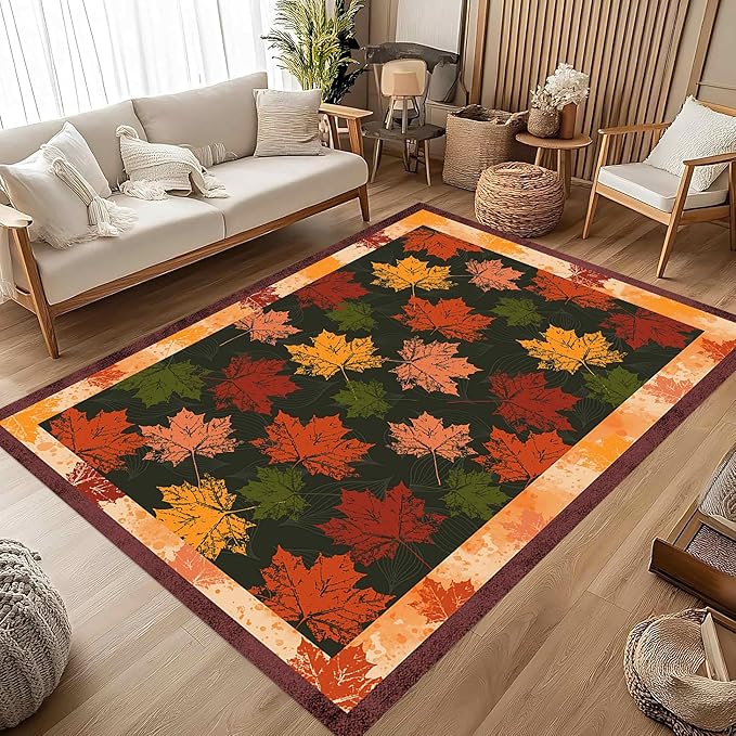 Fall Themed Area Carpet, 5x6ft, Autumn Fallen Leaves Print Pattern Retro Rustic Style Dark Stain Resistant Throw Rug, Low-Profile Non Slip Breathable Floor Mat for Dining Room Laundry