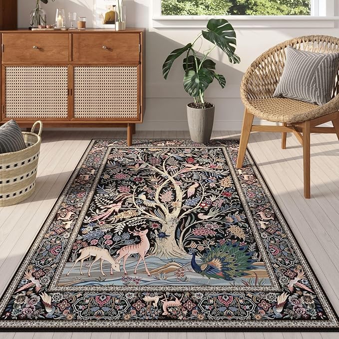 Rugcomf 3x5 Rug Vibrant Tree of Life-Patterned Vintage Non Slip Low Pile Small Carpet for Bedroom Bedside Kitchen Entryway Kids Room Office College Dorm Essentials for Girls, Black