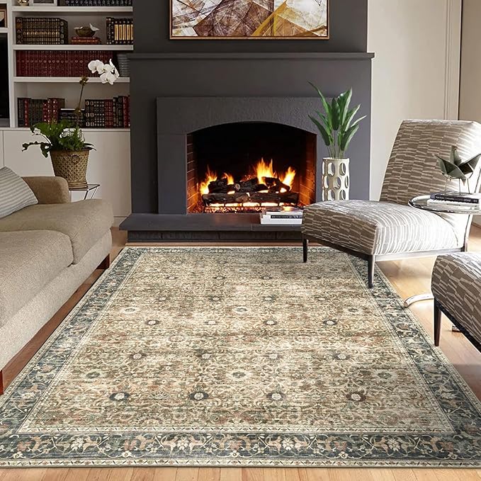 ReaLife Rugs Machine Washable Area Rug - Living Room Bedroom Bathroom Kitchen Entryway Office - Padded Low Pile Stain Resistant Premium - Boho Farmhouse Vintage - Dua - Brown Gray Beige 5' x 7'