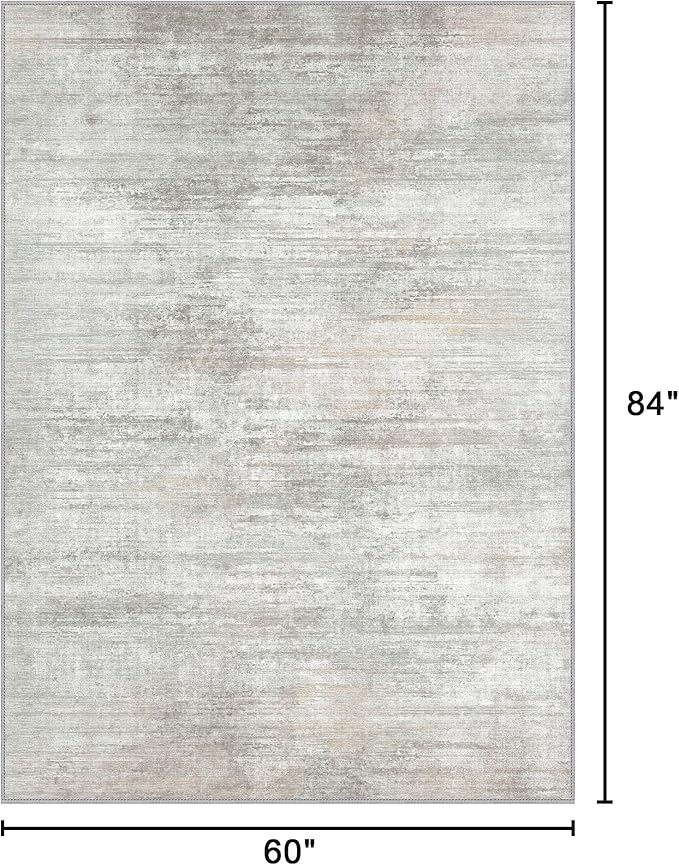 Bavni 5x7 Rug, Abstract Machine Washable Rug Non-Slip, Soft Modern Lightweight Area Rug, Stain Resistant Rugs for Living Room, Bedroom, Dining Room, White/Grey