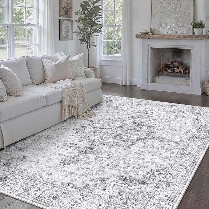 HUGEAR Washable 8x10 Area Rugs Retro Grey Living Room Bedroom Rug Vintage Distressed Non Slip Stain Resistant Low Pile Neutral Throw Carpet for Home Decor