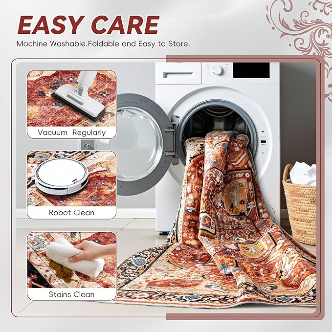 EnHomee 5x7 Area Rugs Washable for Bedroom, Boho Vintage Rugs, Foldable Area Rug for Dining Room, Non-Slip Soft Living Room Rug, Low Pile Large Carpet for Bathroom, Red