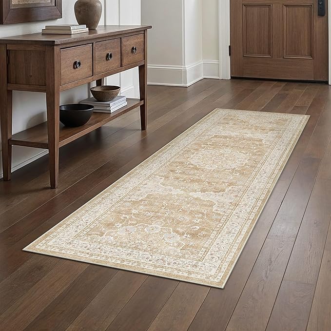HUGEAR Machine Washable Hallway Runner Rugs 2x6 Vintage Beige Brown Neutral Style Non Slip Stain Resistant Low Pile Throw Carpet for Bedroom Kitchen Retro Aesthetic Modern Decor