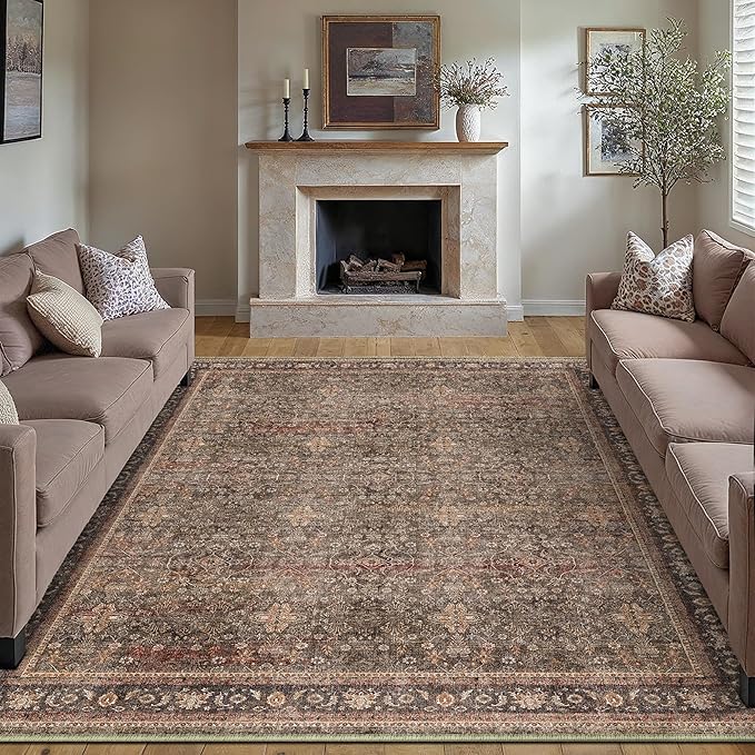9x12 Area Rug for Living Room Brick Red Vintage Washable Bedroom Carpet Traditional Distressed Soft Non Slip Indoor Large Accent Rug Retro Thin Low Pile Floor Cover for Dining Room Playroom