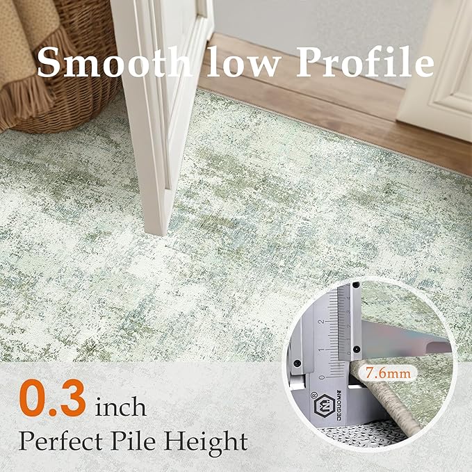 12x15 Washable Area Rug Sage Green Abstract Living Room Bedroom Carpet Neutral Modern Non-Slip Soft Low Pile Lightweight Vacuumable Large Throw Rug for Dining Room