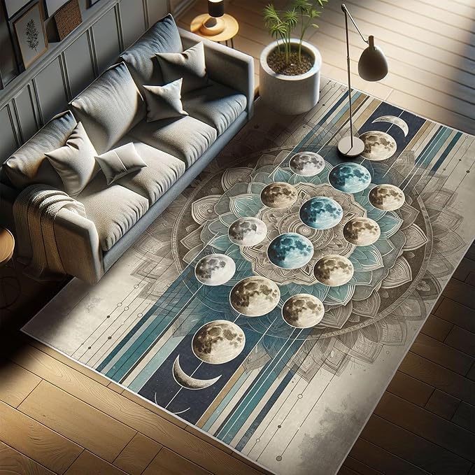 Ambesonne Lunar Art Decorative Rug, Oriental Bohemian Mandala with Moon Phase and Abstract Lines Modern, Quality Carpet for Bedroom Dorm and Living Room, 5' 1" X 7' 5", Cadet Blue and Eggshell