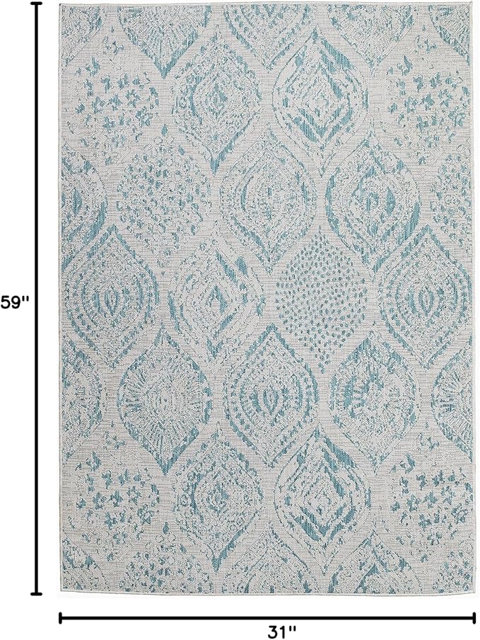 FH Home Flat Woven Outdoor Rug - Waterproof, Easy to Clean, Stain resistant - Premium Polypropylene Yarn - Distressed Farmhouse - Porch, Deck,Balcony,Laundry Room - Granada - Aqua - 2ft 7in x 4ft 11in