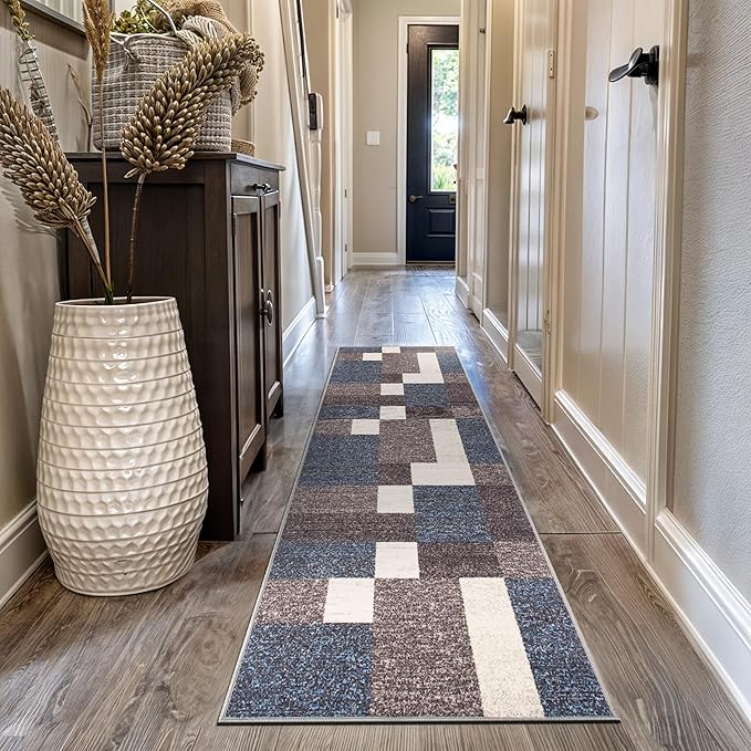 Rugshop Geometric Modern Boxes Design Non-Slip (Non-Skid) Carpet for Hallway,Kitchen,Entryway Runner Rug 2'7" x 10' Blue