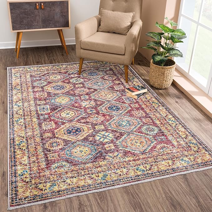 Bloom Rugs Caria Washable Non-Slip 4x6 Rug - Dark Red/Multicolor Traditional Area Rug for Living Room, Bedroom, Dining Room, and Kitchen - Exact Size: 4' x 6'
