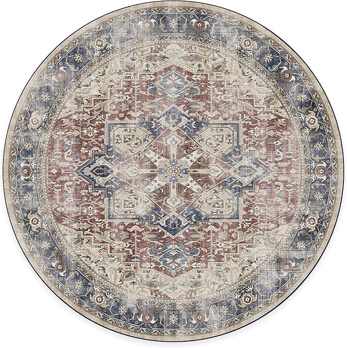 RUGGABLE Washable Vintage Area Rug – Kamran Royal Blue 8 ft Round, Stain-Resistant, Non-Slip – Large Machine Washable Rugs for Living Room, Bedroom, Hallway, Entryway & Office–with Standard Pad