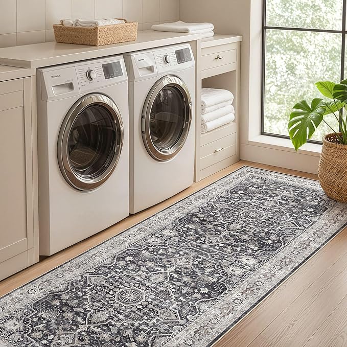 Runner Rug Kitchen Washable Rugs: 3x8 Non-Slip Boho Vintage Distressed Stain Resistant Indoor Floor Moody Oriental Throw Carpet for Hallway Bathroom Laundry Room Entryway Bedroom- Black