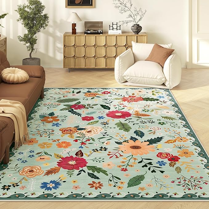 5x7 Washable Rug for Living Room, Green Floral Area Rug, Non Slip Low Pile Soft Flower Carpet, Large Rugs for Bedroom, Dining Room, Office, Kids Playroom, Nursery, Sage Green