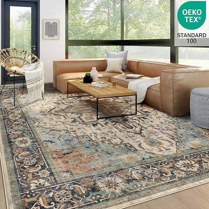 6x9 Machine Washable Area Rug for Living Room, Blue Beige Boho Vintage Floral Rug Large Non-Slip Low Pile Soft Faux Wool Carpet, Kids and Pets Friendly for Bedroom Dining Room Farmhouse Decor Rug