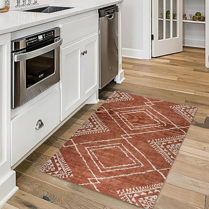 ReaLife Rugs Machine Washable Area Rug - Living Room Bedroom Bathroom Kitchen Entryway Office - Padded Crease Free Stain Resistant Premium - Moroccan Tribal Diamond - Jax- Orange - 2'x 3'