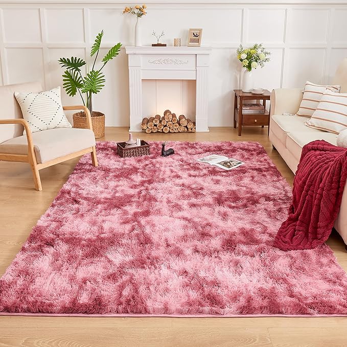 Andency Soft Area Rugs for Living Room Bedroom, 4x6 Fluffy Shaggy Bedside Rug, Non-Slip Large Shag Fuzzy Plush Carpets for Bedroom Kids Dorm Nursery Home Decor Aesthetic, Tie-Dyed Dark Red