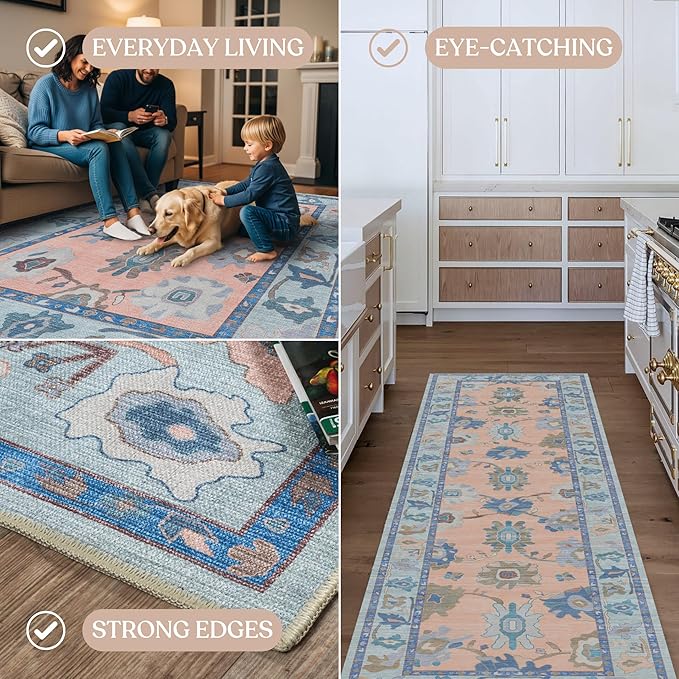 Fame Living Modern Oushak Runner Rug, Runners, Vintage, Turkish, Eclectic, Floral, Pastel, Washable, Runner for Hallway, Kitchen, Bedroom, Bathroom, 2'5"x9'8"