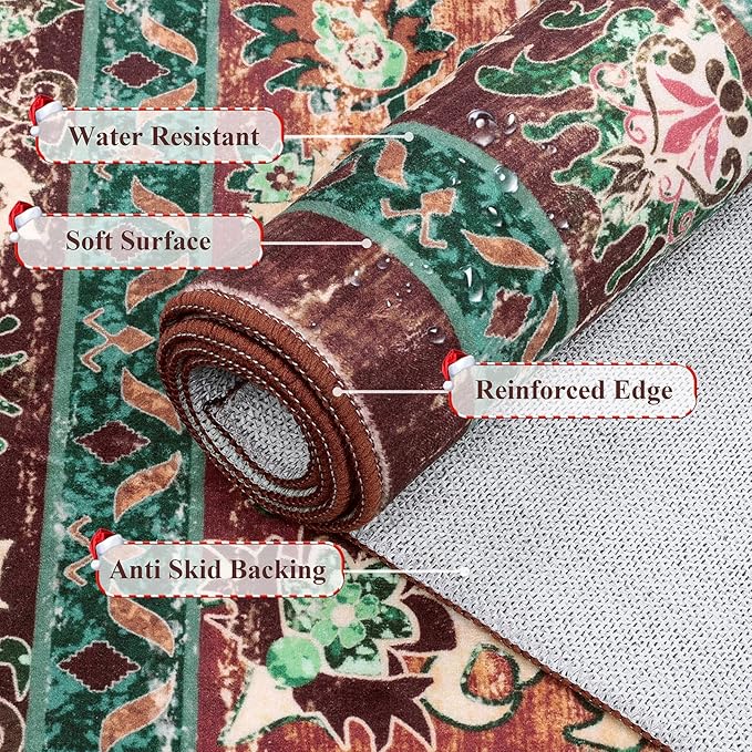 U'Artlines Boho Vintage Area Rug 4x6 ft Machine Washable Low Pile Soft Floor Carpet Non Slip Non Shedding Accent Rug for Living Room Bedroom Entryway Dining Room Office Rust＆Teal