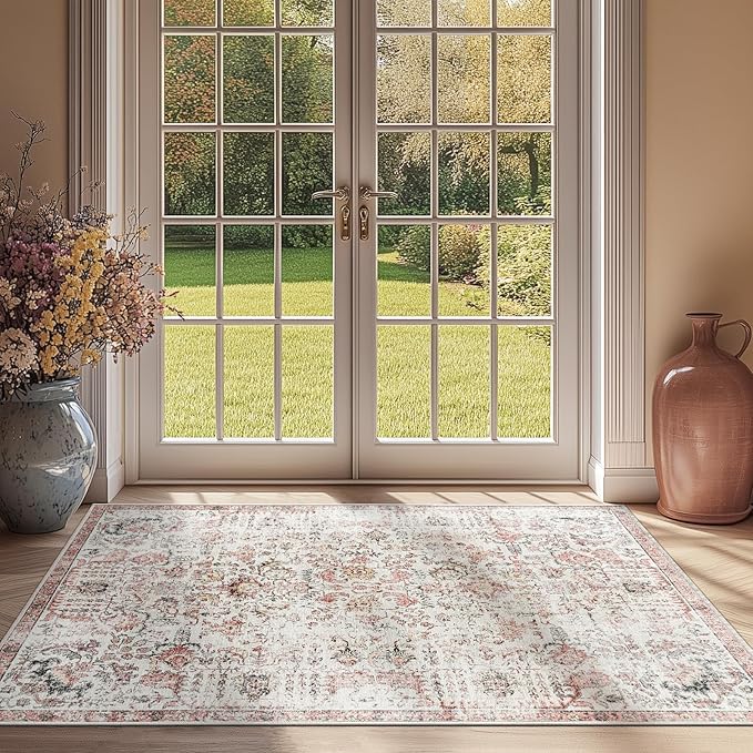jinchan Kalen Area Rug 3x5 Washable Entryway Rug Vintage Door Mat Indoor Entrance Thin Retro Distressed Floral Doormat Country Boho Lightweight Non Slip Carpet for Bathroom Kitchen Bedroom Red Multi
