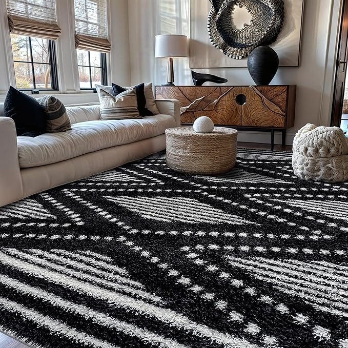 Rugshop Geometric Shag Area Rug Anthracite Dark Gray and White 7' 10" x 10' Perfect for Large Living Rooms, Dining Areas, Bedrooms