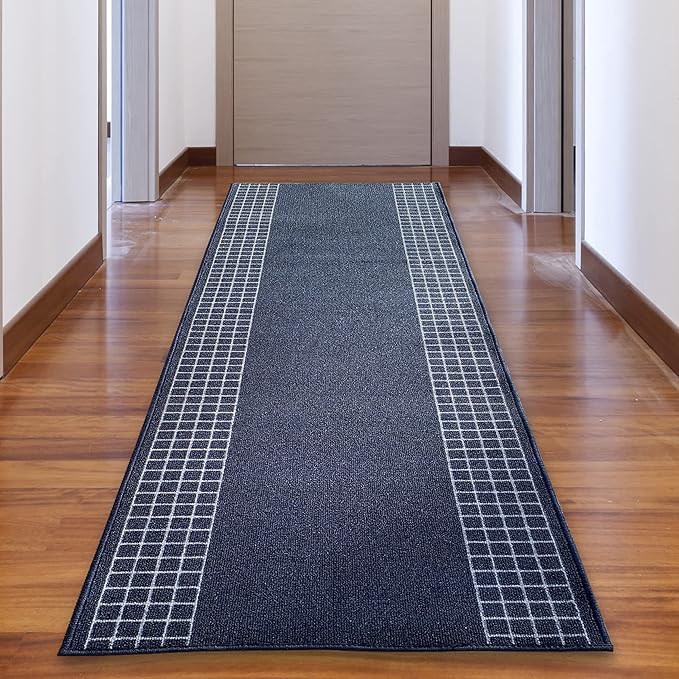 Custom Made Runner Rug for Kitchen Foyer Hallway Entry Choose Your Length 31 Inch Wide Geometric CheckeBlue Design Blue Color (29 feet x 31 Inch)