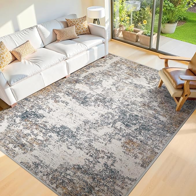 10x14 Washable Area Rugs - Modern Abstract Large Rugs for Living Room Non-Slip Low Pile Soft Machine Washable Carpet for Bedroom, Under Dining Table, Nursery, Farmhouse (10'x14' Tan Blue)