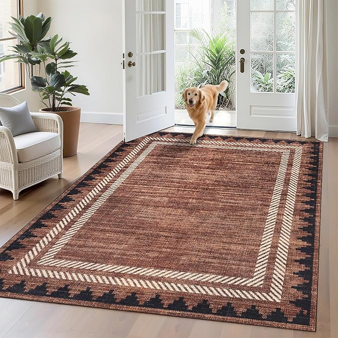 Living Room 8x10 Washable Soft Area Rug for Dining Room Living Room Foldable Non Slip Soft Indoor Carpet Modern Geometric Bordered Stain Resistant Bedroom Laundry Rugs with Rubber Back, Brick Red