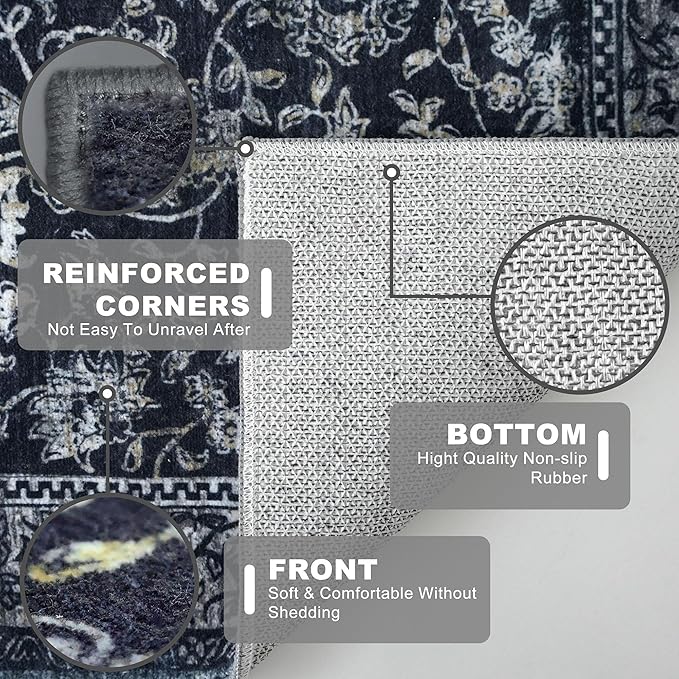 KILOCOCO Area Rug 6x9 Living Room Rug Washable Printed Vintage Floral Non Slip Soft Rubber Backed Indoor Bedroom Rugs for Laundry Room Kitchen Playroom Moroccan Area Rugs, Navy/Charcoal